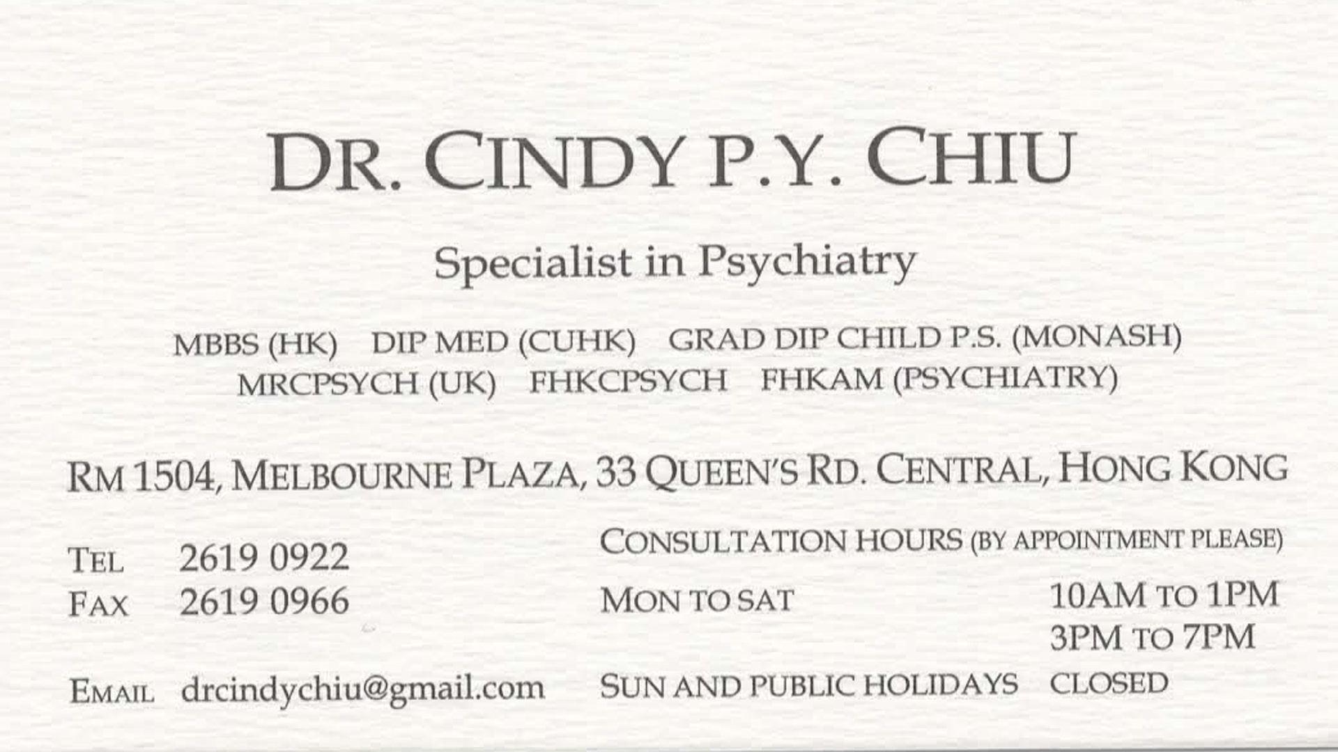 Dr CHIU PUI YU, CINDY Name Card